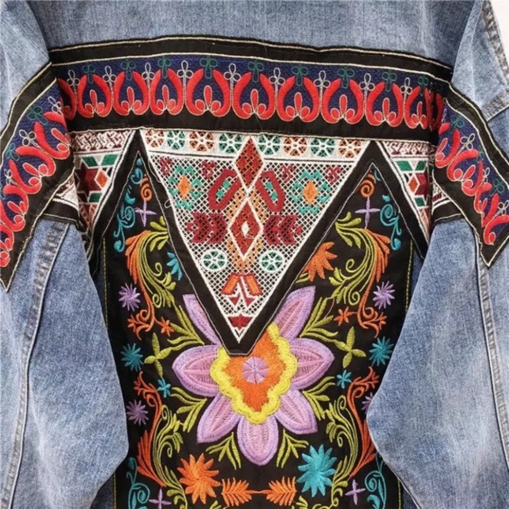 SOLD OUT Boho Floral Embroidered Oversized Denim Jacket - Picture 4 of 7
